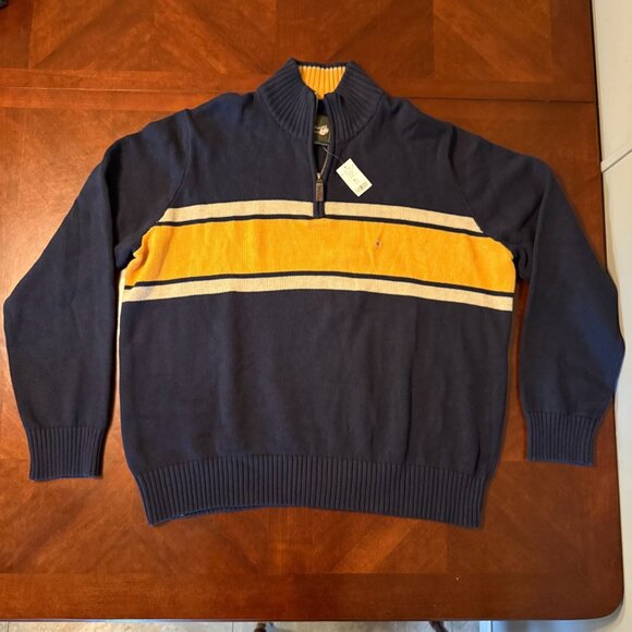 Eddie Bauer XL Tall Mens Navy Yellow Striped 1/4 Zip Sweater 100% Cotton - Picture 1 of 11